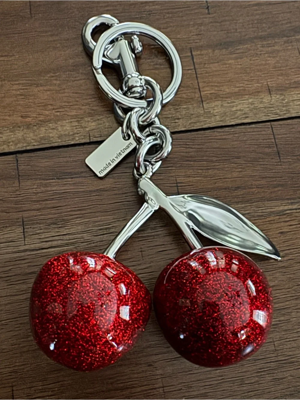 Coach Red Glitter Cherry Keychain with Silver Hardware